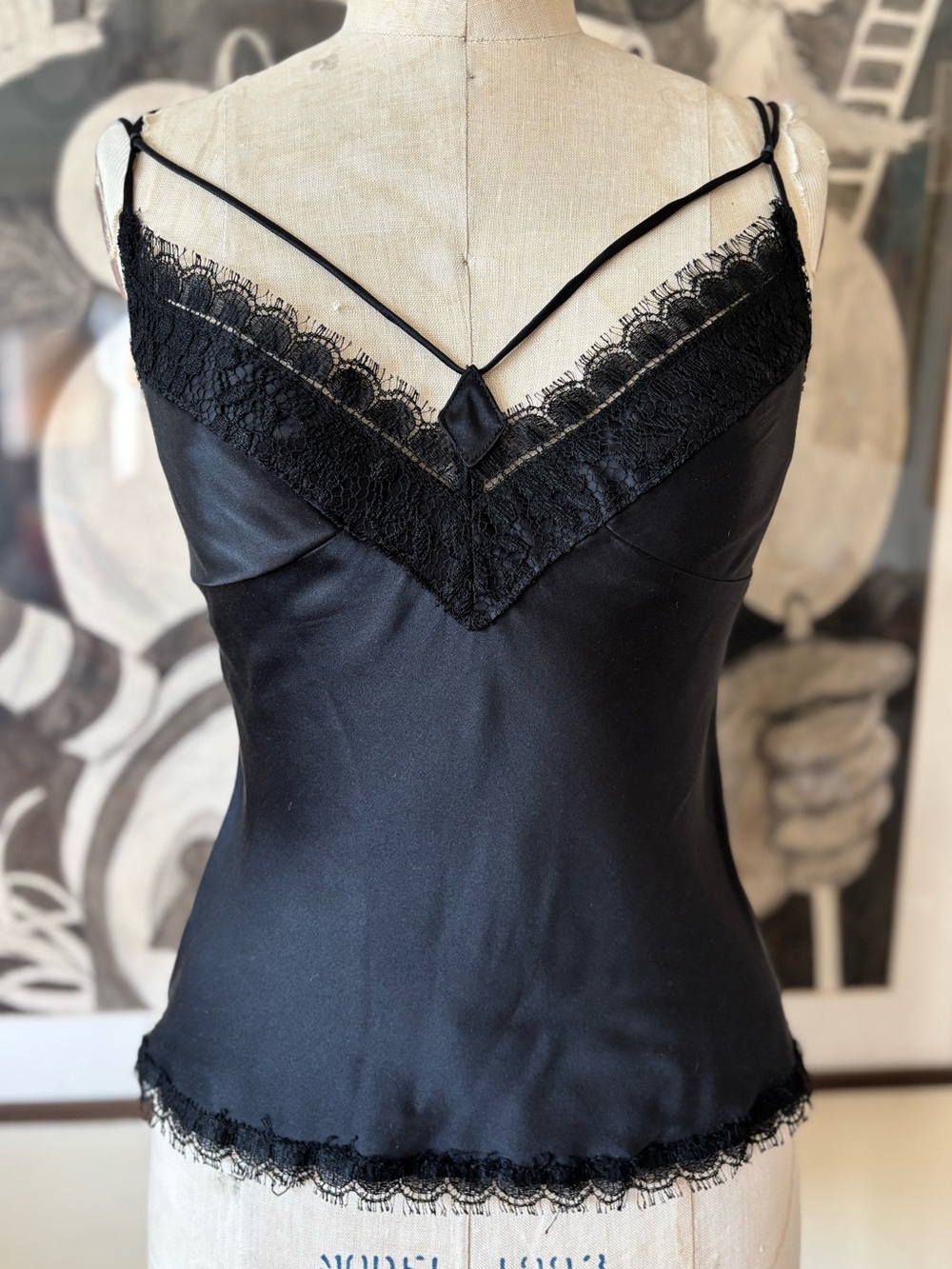 Black Satin Lace-Trim Slip Chemise with Delicate Straps